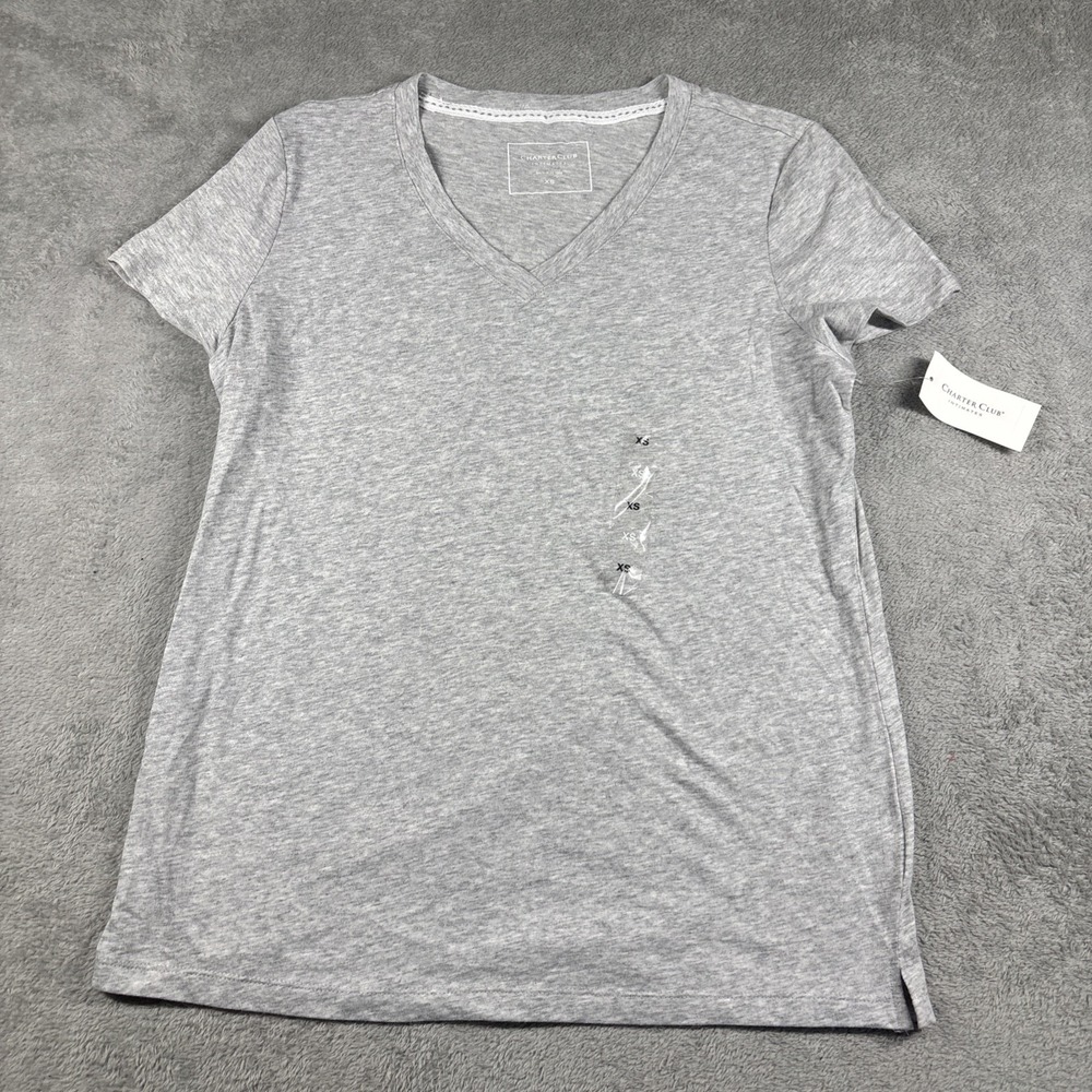 NWT Charter Club Women's Solid V-Neck Short Sleeve Sleepwear Top Gray Sz XS READ